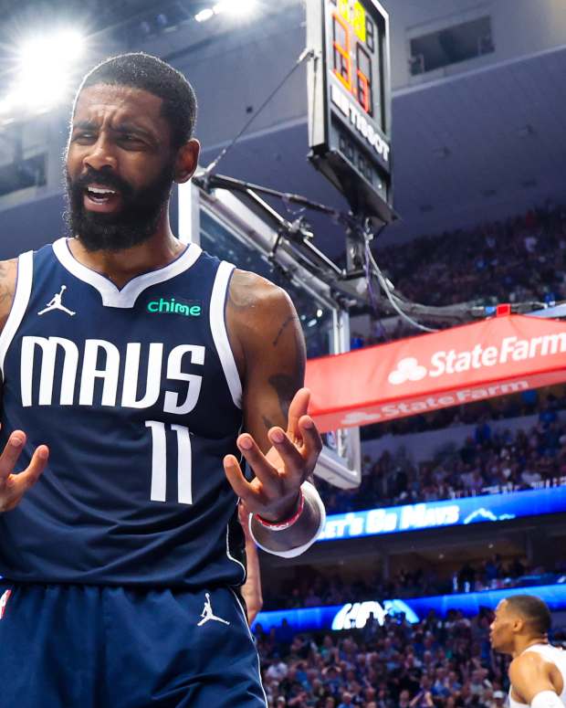 Apr 28, 2024; Dallas, Texas, USA; Dallas Mavericks guard Kyrie Irving (11) reacts during the second half against the LA Clippers during game four of the first round for the 2024 NBA playoffs at American Airlines Center.