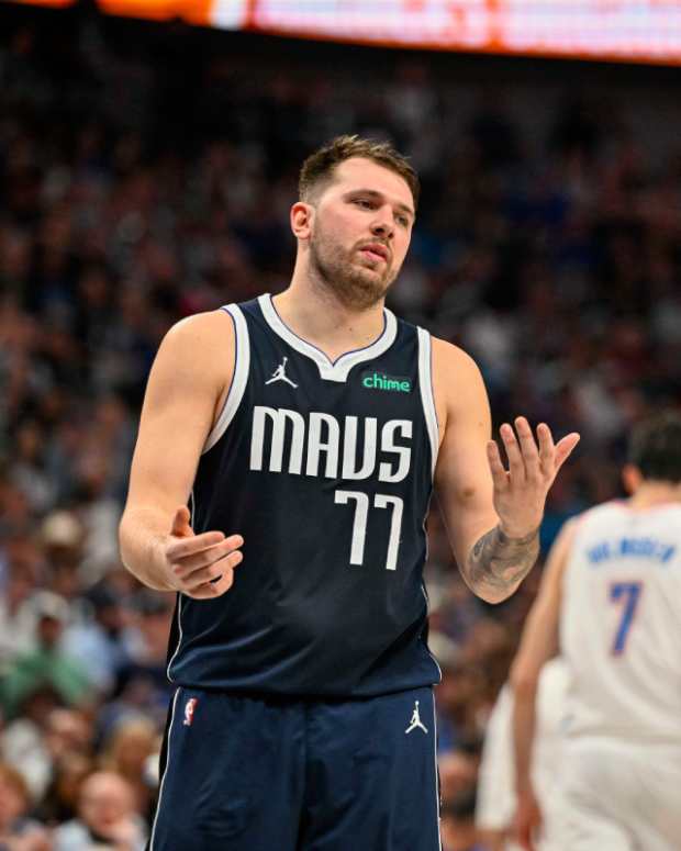 Dallas Mavericks guard Luka Doncic (77) reacts to a foul call against the Oklahoma City Thunder during the second quarter in game four of the second round for the 2024 NBA playoffs at American Airlines Center. 