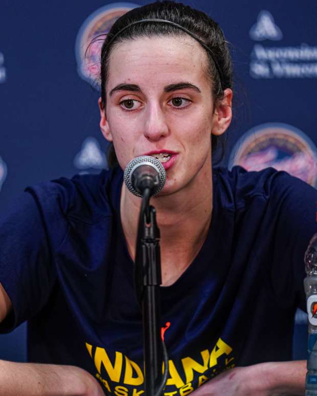 May 14, 2024; Uncasville, Connecticut, USA; Indiana Fever guard Caitlin Clark (22) talks to the media before the start of the game against the Connecticut Sun at Mohegan Sun Arena.