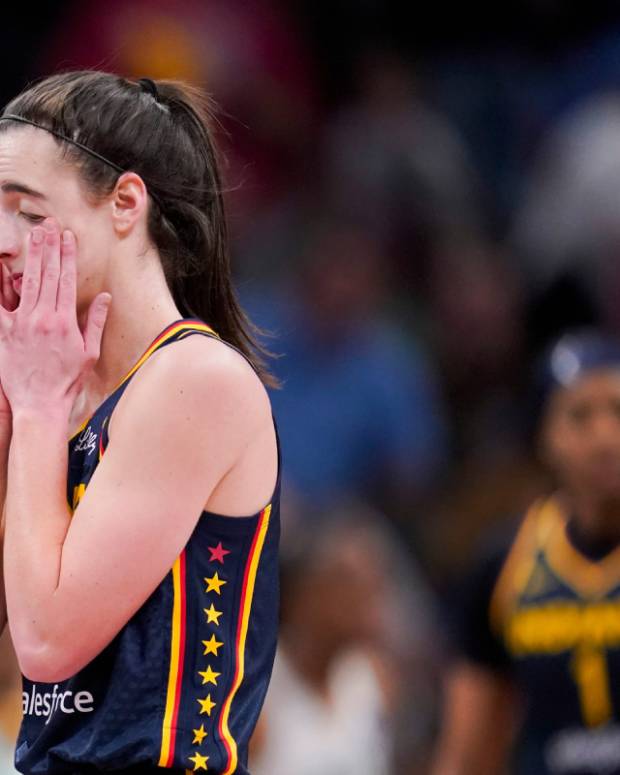 Indiana Fever guard Caitlin Clark (22) shows frustration, Thursday, May 16, 2024, during the Indiana Fever home opener game against the New York Liberty at Gainbridge Fieldhouse in Indianapolis.  