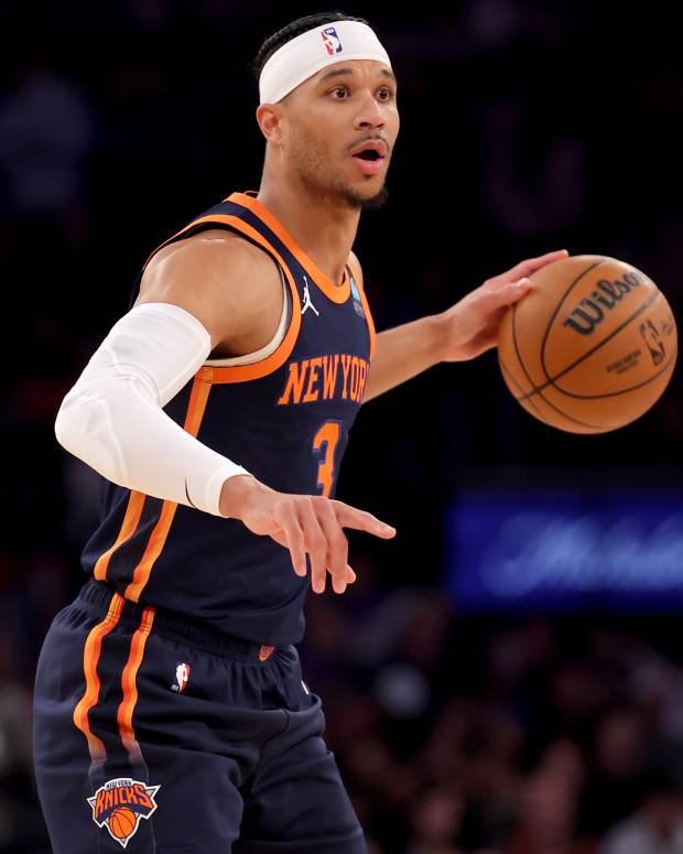 Jan 30, 2024; New York, New York, USA; New York Knicks guard Josh Hart (3) controls the ball against the Utah Jazz during the first quarter at Madison Square Garden.
