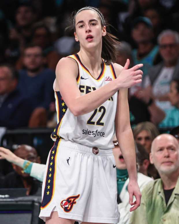 Indiana Fever guard Caitlin Clark (22) checks back into the game in the second quarter against the New York Liberty at Barclays Center.