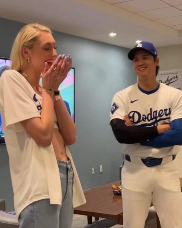 Los Angeles Dodgers' Shohei Ohtani and WNBA Rookie Cameron Brink Before a May 20 Los Angeles Dodgers game.