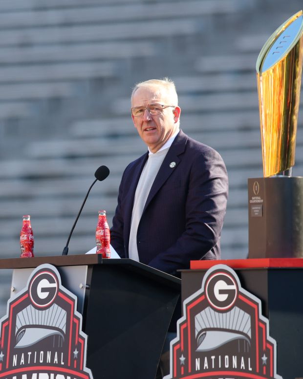Jan 14, 2023; Athens, GA, USA; SEC commissioner Greg Sankey speaks at the Georgia Bulldogs national championship celebration at Sanford Stadium. 