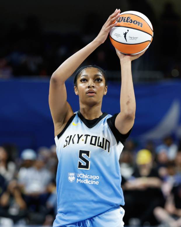 Chicago Sky forward Angel Reese (5) shoots a free throw against the Connecticut Sun during the second half of a WNBA game at Wintrust Arena.
