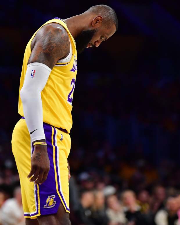 Apr 25, 2024; Los Angeles, California, USA; Los Angeles Lakers forward LeBron James (23) reacts during the first half in game three of the first round for the 2024 NBA playoffs at Crypto.com Arena. Mandatory Credit: Gary A. Vasquez-USA TODAY Sports  