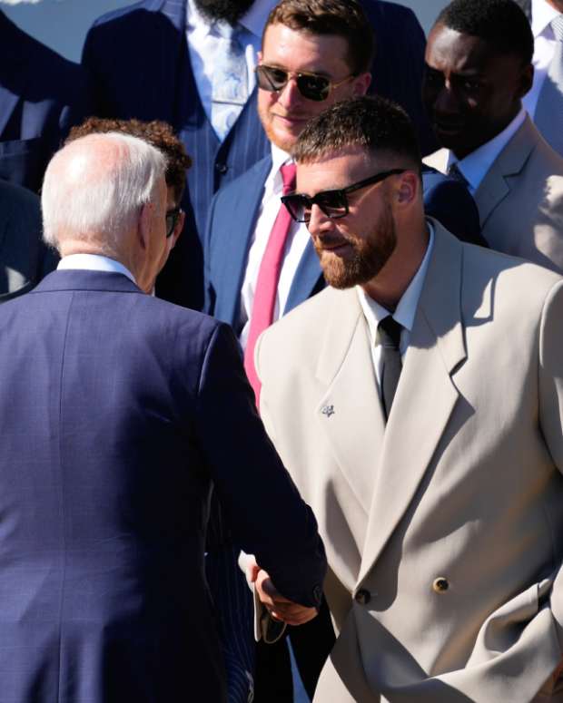 President Joe Biden shakes hands with Kansas City Chiefs tight end Travis Kelce as he welcomes the team to the White House to celebrate their championship season and victory in Super Bowl LVIII on Friday, May 31, 2024. Mandatory Credit: Josh Morgan-USA TODAY