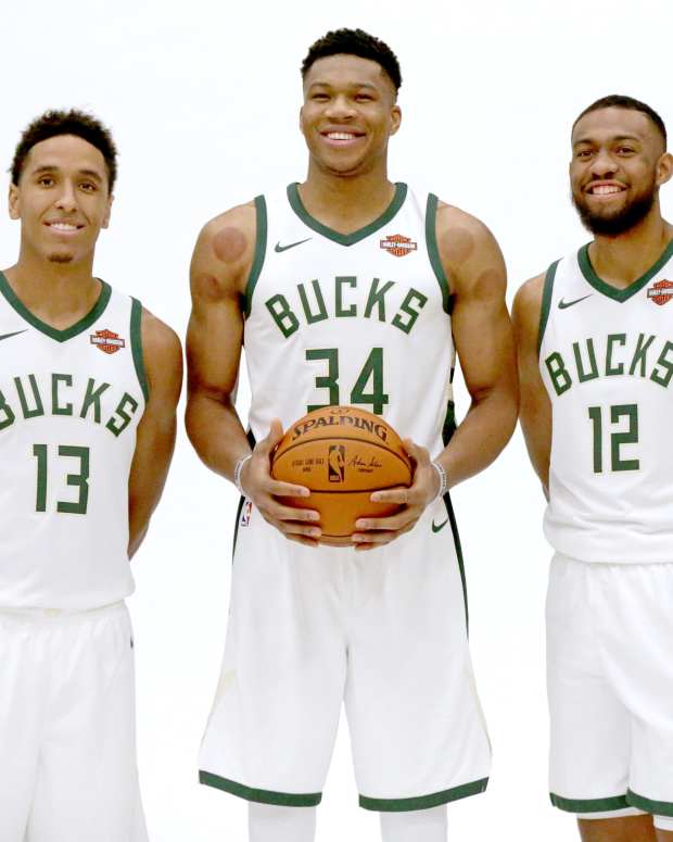 Sep 25, 2017; Milwaukee, WI, USA; Milwaukee Bucks guard Malcolm Brogdon (13) Milwaukee Bucks forward Giannis Antetokounmpo (34) and Milwaukee Bucks forward Jabari Parker (12) during media day at Froedtert & the Medical College of Wisconsin Sports Science Center.