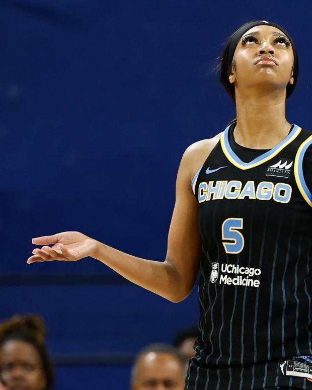 Jun 4, 2024; Chicago, Illinois, USA; Chicago Sky forward Angel Reese (5) reacts after being ejected from her team’s WNBA game against the New York Liberty during the second half at Wintrust Arena.