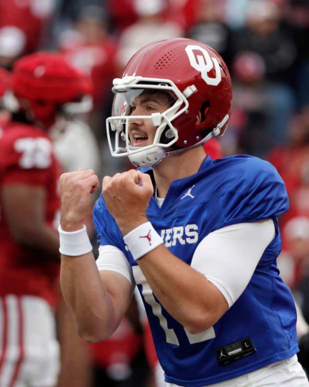 Oklahoma's Jackson Arnold celebrates after throwing a touchdown during a University of Oklahoma (OU) Sooners spring football game at Gaylord Family-Oklahoma Memorial Stadium.
