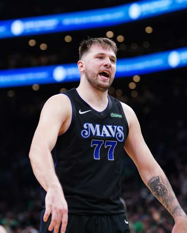 Jun 6, 2024; Boston, Massachusetts, USA; Dallas Mavericks guard Luka Doncic (77) reacts in the third quarter against the Boston Celtics during game one of the 2024 NBA Finals at TD Garden