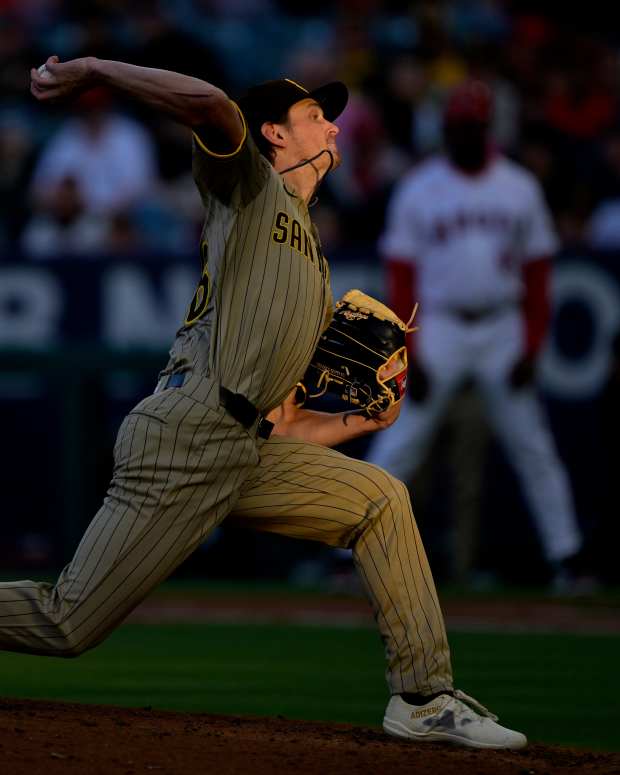 San Diego Padres starting pitcher Adam Mazur (36) delivers to the plate in the second inning against the Los Angeles Angels at Angel Stadium in Anaheim, Calif., on June 4, 2024.