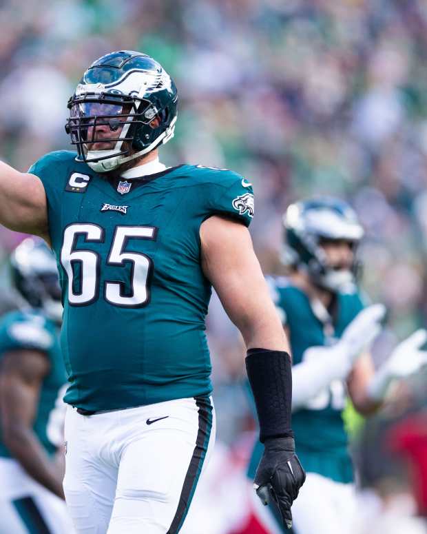 Dec 31, 2023; Philadelphia, Pennsylvania, USA; Philadelphia Eagles offensive tackle Lane Johnson (65) reacts against the Arizona Cardinals at Lincoln Financial Field.