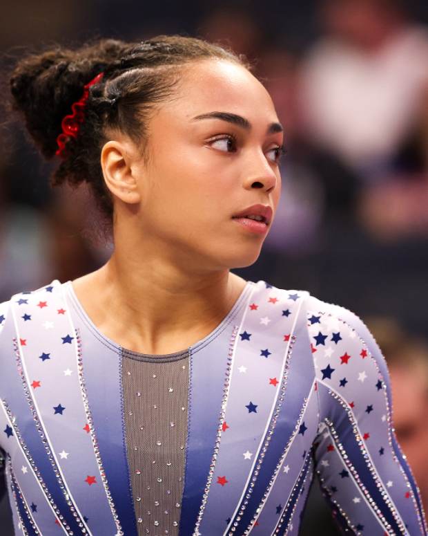 Hezly Rivera looks on prior to the U.S. Olympic Team Gymnastics Trials at Target Center on June 30, 2024.