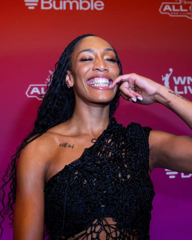 Las Vegas Aces center A'ja Wilson shows her grill teeth during the WNBA All Star weekend on July 18, 2024.