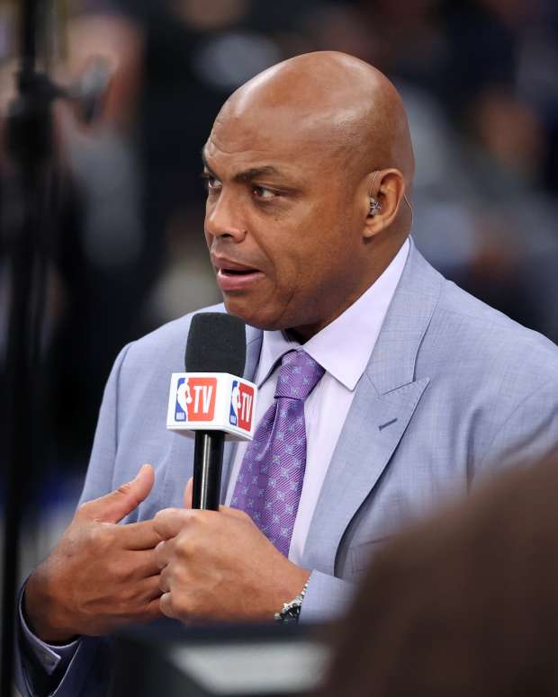 NBA TV analyst Charles Barkley talks on set before Game 3 of the 2024 NBA Finals