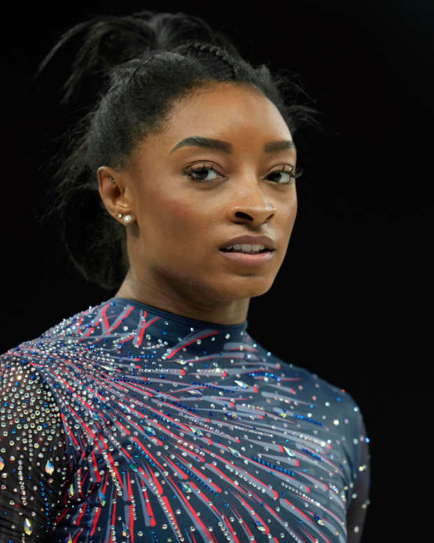 Simone Biles during a practice session before the Paris 2024 Olympic Summer Games at Bercy Arena on July 25, 2024.