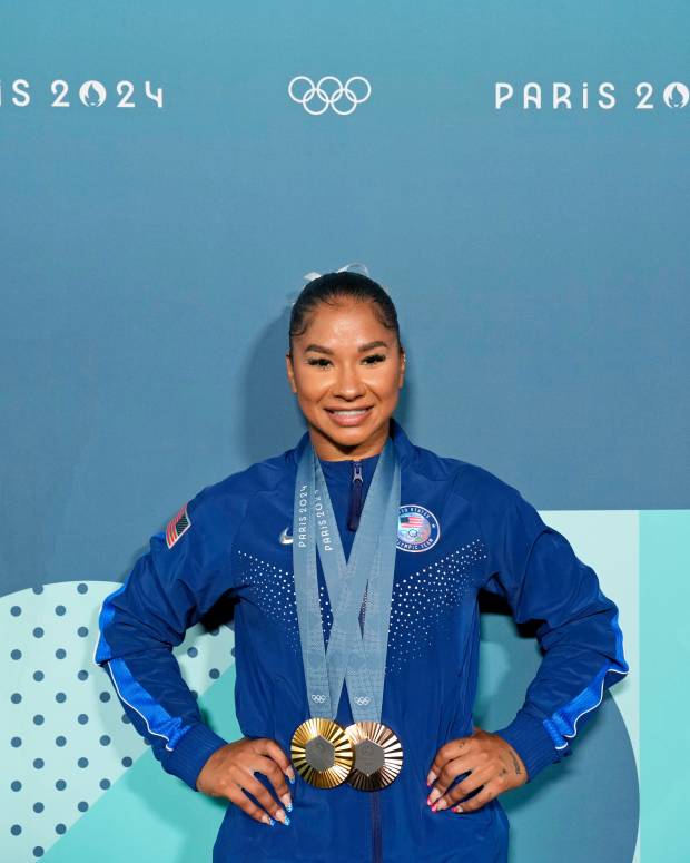 Jordan Chiles of the United States poses for a photo with her gold and bronze medasl after day three of the gymnastics event finals during the Paris 2024 Olympic Summer Games.