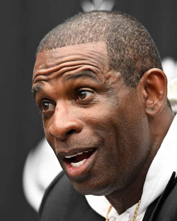 Colorado Buffaloes head coach Deion Sanders speaks to the media during the Big 12 Media Days at Allegiant Stadium.