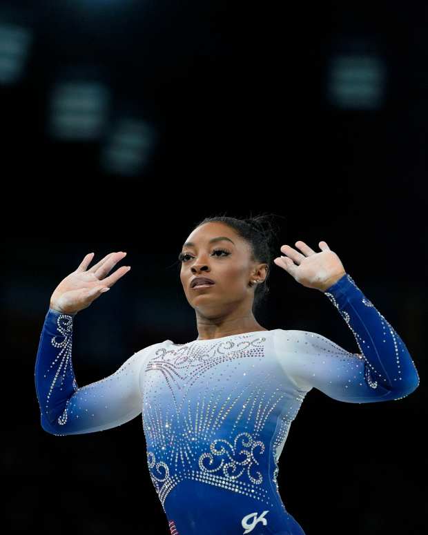 Simone Biles of the United States competes on the beam on day three of the gymnastics event finals during the Paris 2024 Olympic Summer Games.