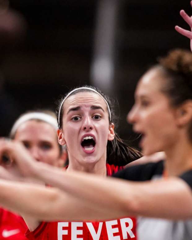 Indiana Fever guard Caitlin Clark complaining at WNBA referees.