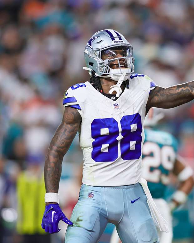 Dec 24, 2023; Miami Gardens, Florida, USA; Dallas Cowboys wide receiver CeeDee Lamb (88) reacts toward Miami Dolphins fans during the fourth quarter at Hard Rock Stadium.