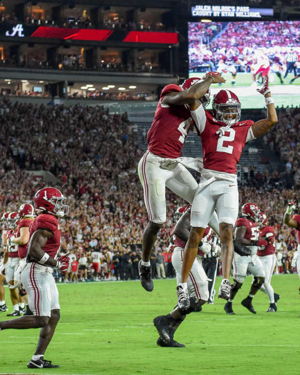 Alabama Crimson Tide quarterback Jalen Milroe (4) and wide receiver Ryan Williams (2) celebrate.