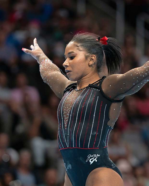 August 27, 2023; San Jose, California, USA; Jordan Chiles performs on the floor exercise during the 2023 U.S. Gymnastics Championships at SAP Center.