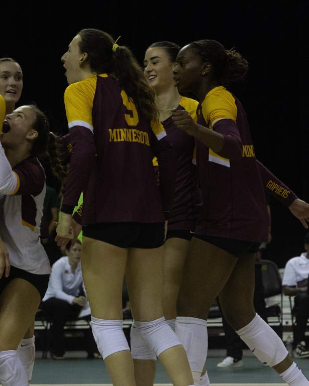 The Minnesota Golden Gophers volleyball team celebrates against TCU on Saturday, Sept. 7, 2024.