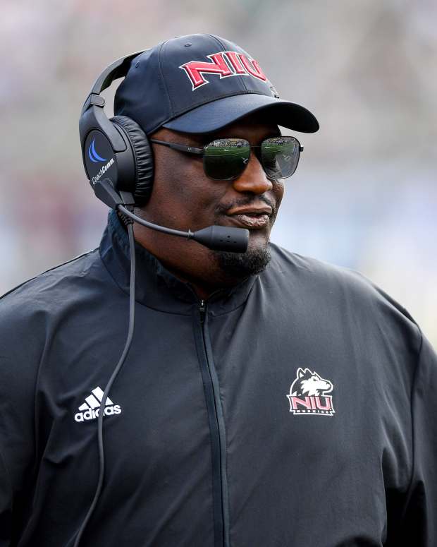 Sep 7, 2024; South Bend, Indiana, USA; Northern Illinois Huskies head coach Thomas Hammock watches in the first quarter against the Notre Dame Fighting Irish at Notre Dame Stadium. 