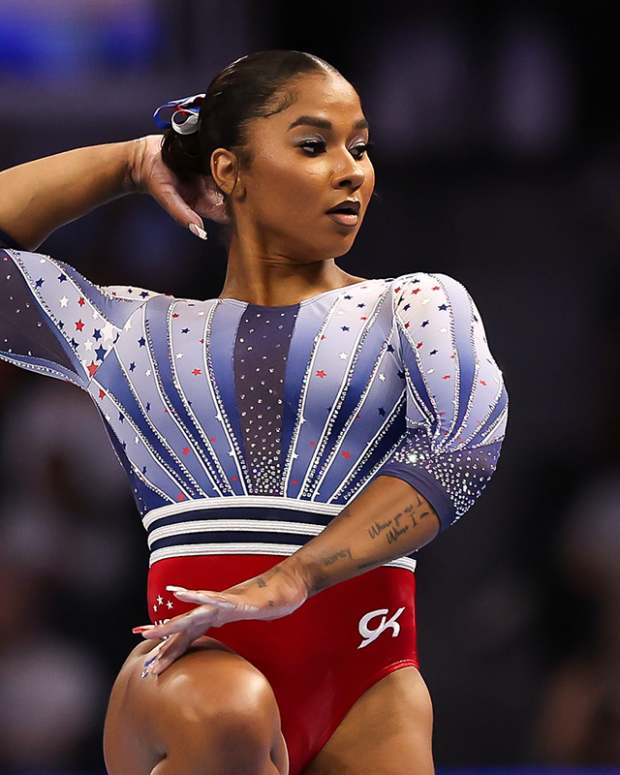 Jun 28, 2024; Minneapolis, Minnesota, USA; Jordan Chiles competes on the beam during the U.S. Olympic Team Gymnastics Trials at Target Center.