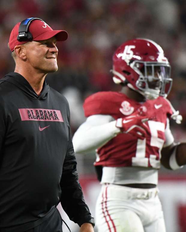 Alabama Crimson Tide head coach Kalen DeBoer watches as the Tide loses a fumble near the South Florida Bulls goal line.