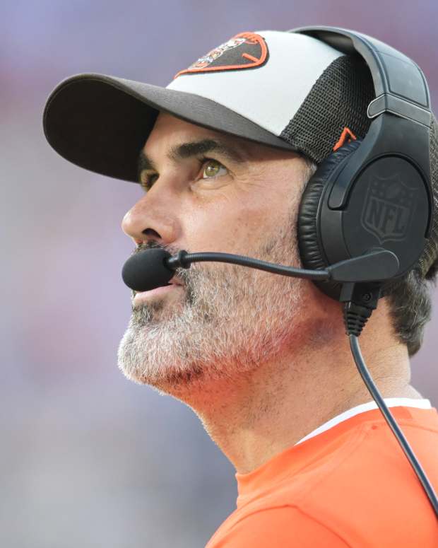 Cleveland Browns head coach Kevin Stefanski looks at the scoreboard during the second half against the Dallas Cowboys at Huntington Bank Field.