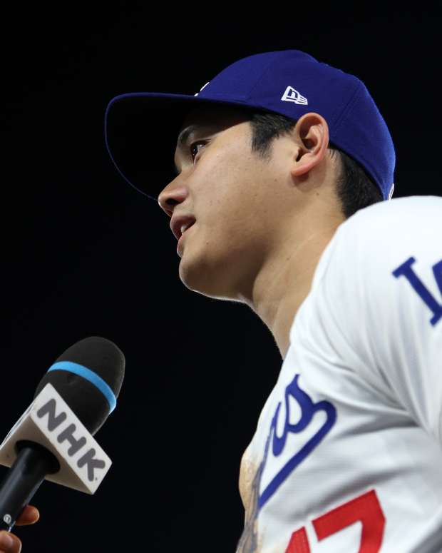 Shohei Ohtani (17) talks at post game interview after defeating the Chicago Cubs 10-8