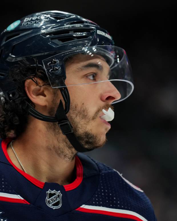 Columbus Blue Jackets left wing Johnny Gaudreau (13) skates down the ice.