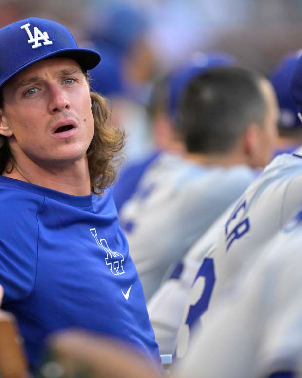 Sep 4, 2024; Anaheim, California, USA; Los Angeles Dodgers starting pitcher Tyler Glasnow (31) looks on from the dugout against the Los Angeles Angels at Angel Stadium.