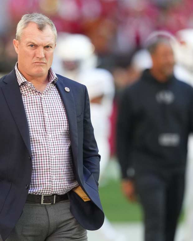 Dec 17, 2023; Glendale, Arizona, USA; San Francisco 49ers general manager John Lynch looks on prior to facing the Arizona Cardinals at State Farm Stadium.