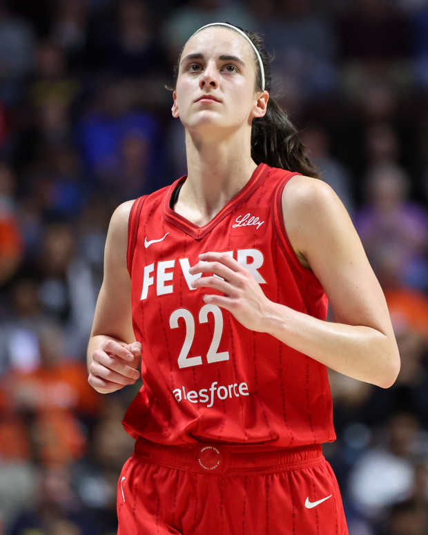 Indiana Fever guard Caitlin Clark (22) reacts during the first half against the Connecticut Sun during game two of the first round of the 2024 WNBA Playoffs at Mohegan Sun Arena.