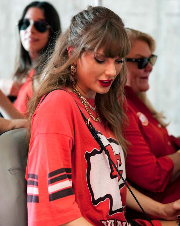 Taylor Swift arrives at Arrowhead Stadium to cheer on the Kansas City Chiefs on Sept. 15, 2024.