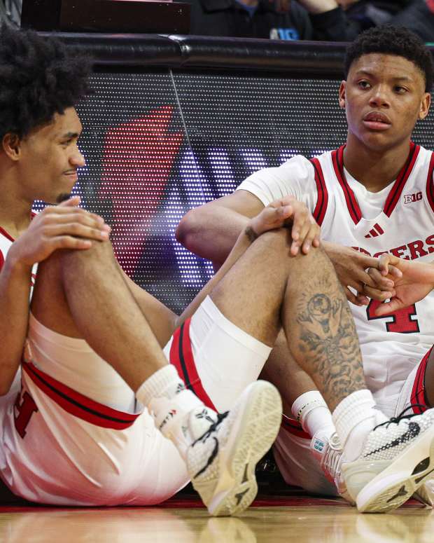 Rutgers guards Dylan Harper (2) and Ace Bailey (4)