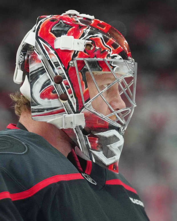 Carolina Hurricanes goaltender Frederik Andersen (31) looks on before game one of the first round of the 2025 Stanley Cup Playoffs.