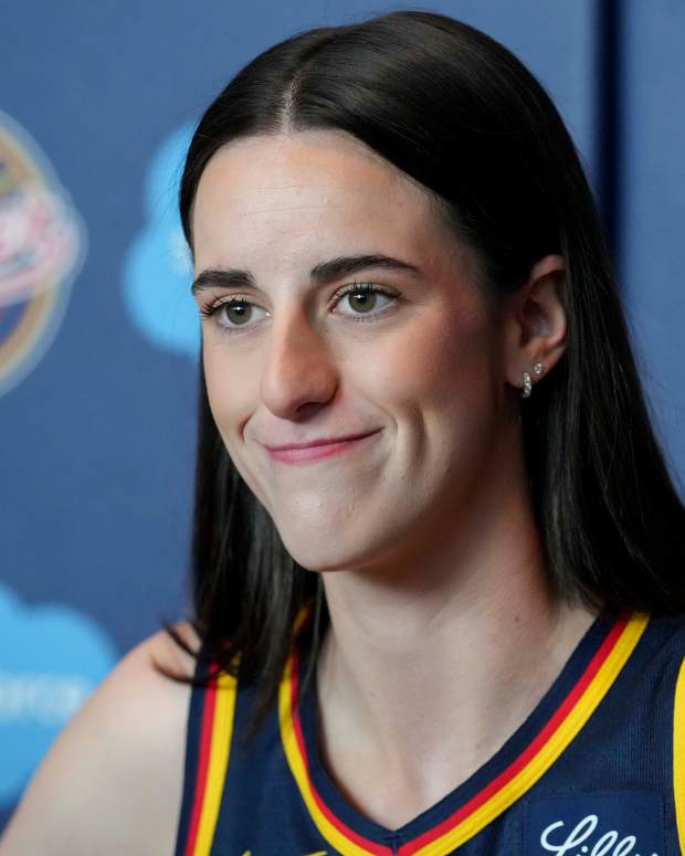 Indiana Fever guard Caitlin Clark speaks during Indiana Fever’s media day on April 30.