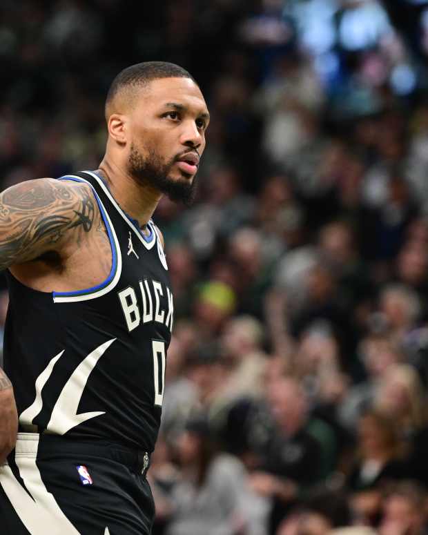 Bucks guard Damian Lillard looks on during Game 4 against the Pacers.