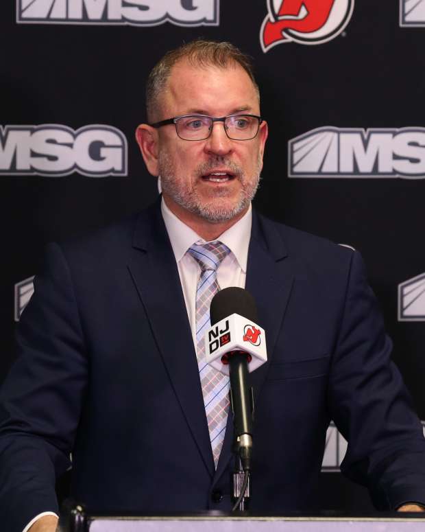 New Jersey Devils executive vice president/general manager Tom Fitzgerald, addresses the media.