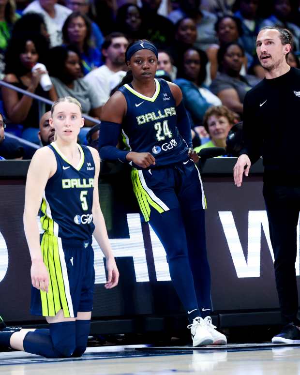 Dallas Wings guards Paige Bueckers (5) and Arike Ogunbowale (24) and head coach Chris Koclanes during a game against the Minnesota Lynx.