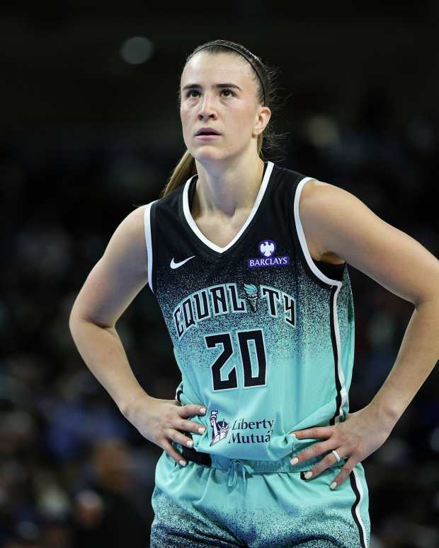 New York Liberty guard Sabrina Ionescu (20) looks on during the first half at Wintrust Arena.