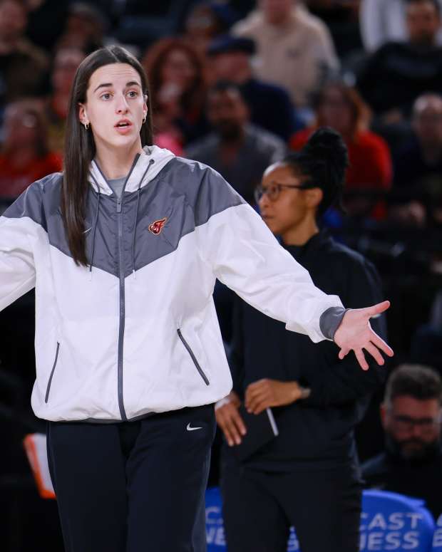 Indiana Fever guard Caitlin Clark reacts to a call in the second half against the Washington Mystics at Entertainment & Sports Arena.