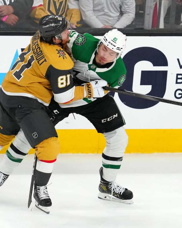 Vegas Golden Knights right wing Jonathan Marchessault (81) checks Dallas Stars left wing Jason Robertson (21) during the third period of game four of the first round of the 2024 Stanley Cup Playoffs a... 