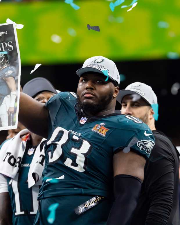 Philadelphia Eagles defensive tackle Milton Williams (93) celebrates after defeating the Kansas City Chiefs during Super Bowl LIX at Ceasars Superdome.