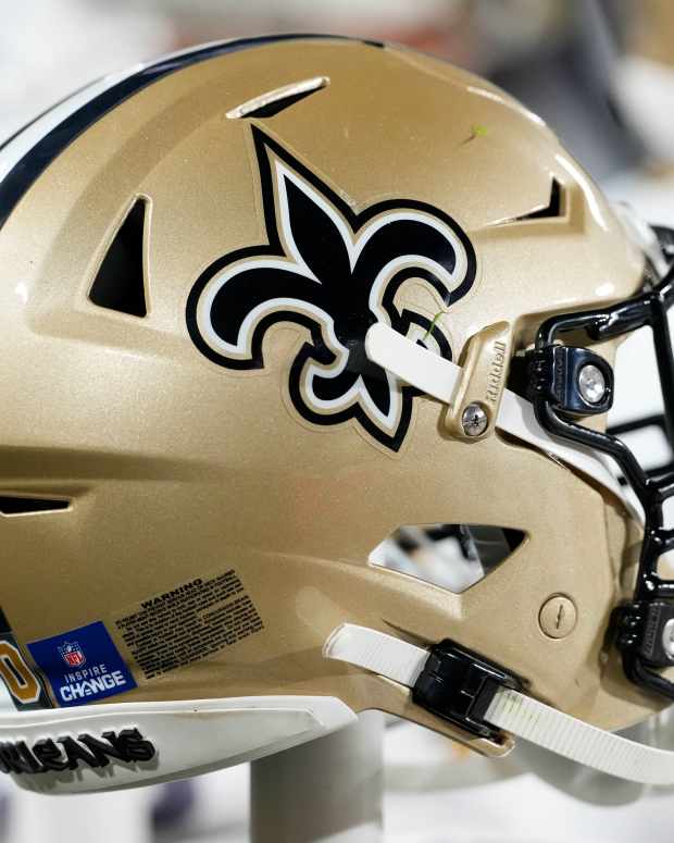 Dec 23, 2024; Green Bay, Wisconsin, USA; General view of a New Orleans Saints helmet during the game against the Green Bay Packers at Lambeau Field. Mandatory Credit: Jeff Hanisch-Imagn Images  